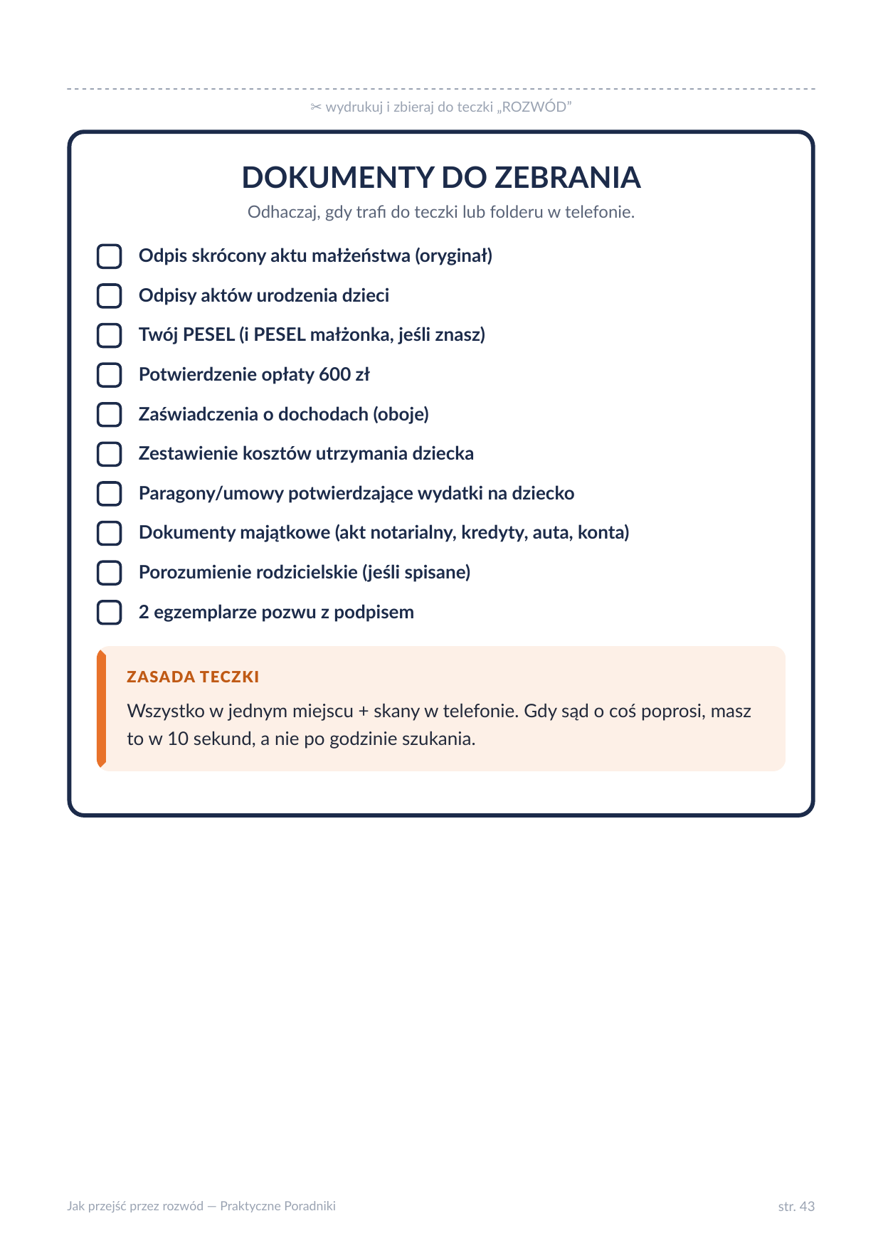 Strona poradnika z checklistą dokumentów do zebrania